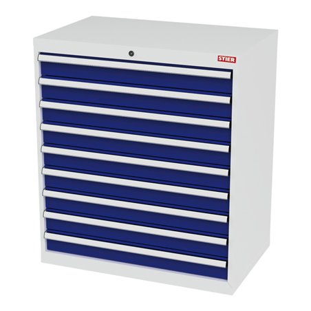 STIER Schubladenschrank mit 9 Schubladen BxTxH 900x575x1020 mm RAL 7035 / RAL 5010