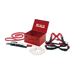 MAS Sicherheitsset, 4-teilig, Stahlblechkoffer, Anschlag-Verbindunggsmittel, Band, Auffanggurt, Seillänge 15 m