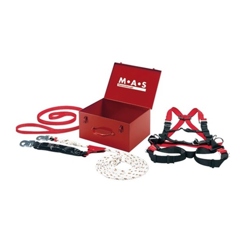 MAS Sicherheitsset, 4-teilig, Stahlblechkoffer, Anschlag-Verbindunggsmittel, Band, Auffanggurt, Seillänge 15 m