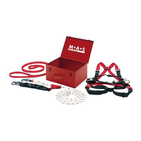 MAS Sicherheitsset, 4-teilig, Stahlblechkoffer, Anschlag-Verbindunggsmittel, Band, Auffanggurt, Seillänge 15 m