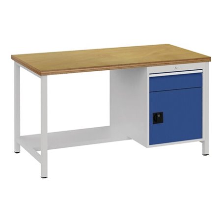 Werkbank lichtgrau signalblau B1500xH859xT750mm Buche Multipl. 40mm 1Schubl.1Tür