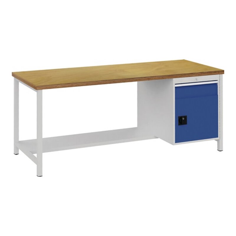 Werkbank lichtgrau signalblau B2000xH859xT750mm Buche Multipl.40mm 1Schubl.1Tür