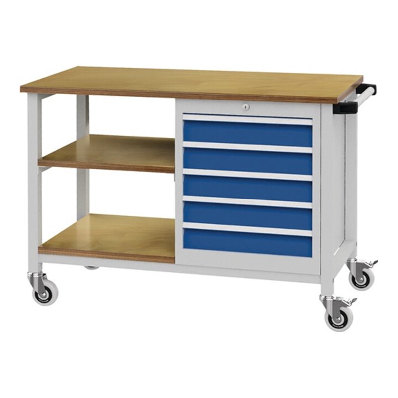 Werkbank B1200xT540xH880mm Buche Multiplex lichtgrau/signalblau 5 Schubl.