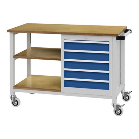 Werkbank B1200xT540xH880mm Buche Multiplex lichtgrau/signalblau 5 Schubl.