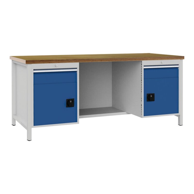Werkbank lichtgrau signalblau B2000xH859xT750mm Buche Multip.40mm 2Schubl.2Türen