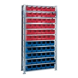 Steck-Grundregal H2000xB1000xT300mm 12 Böden Sichtlagerk. 30xMK4 blau 36xMK4 rot