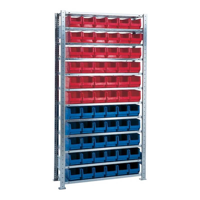 Steck-Grundregal H2000xB1000xT300mm 12 Böden Sichtlagerk. 30xMK4 blau 36xMK4 rot