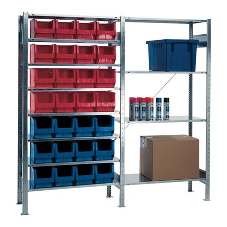 Steck-Anbauregal H2000xB1000xT400mm 8 Böden Sichtlagerk. 12xMK3 blau 16xMK3 rot