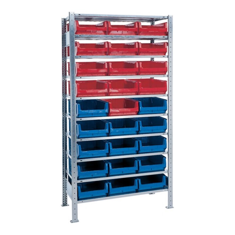 Steck-Grundregal H2000xB1000xT500 10 Böden Sichtlagerk. 14xMK2z blau 13xMK2z rot