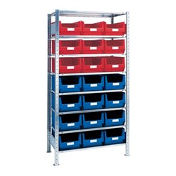 Steck-Anbauregal H2000xB1000xT500mm 8 Böden Sichtlagerk. 12xMK2 blau 9xMK2 rot