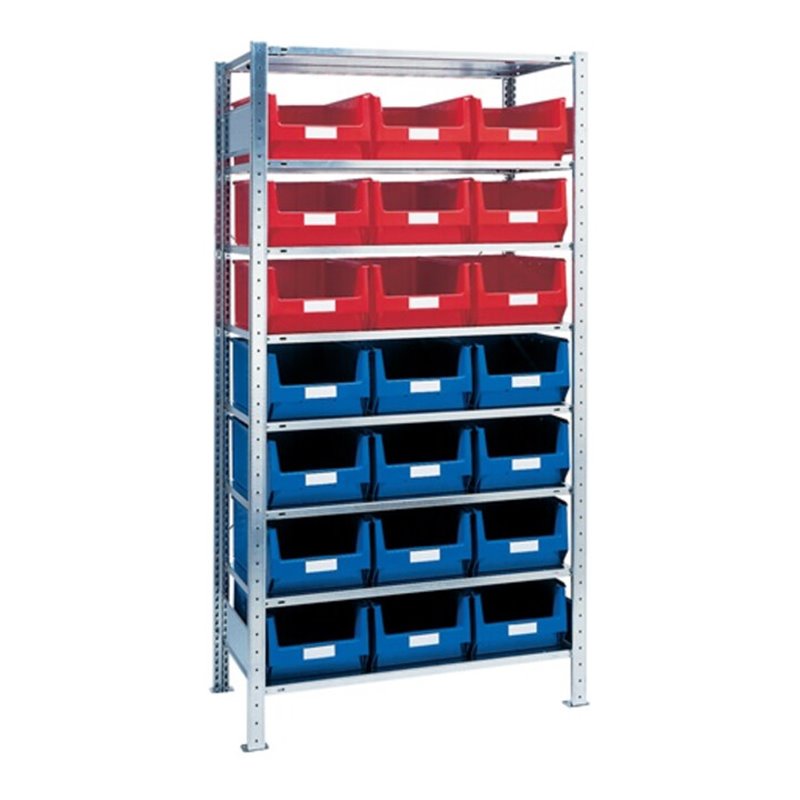 Steck-Anbauregal H2000xB1000xT500mm 8 Böden Sichtlagerk. 12xMK2 blau 9xMK2 rot