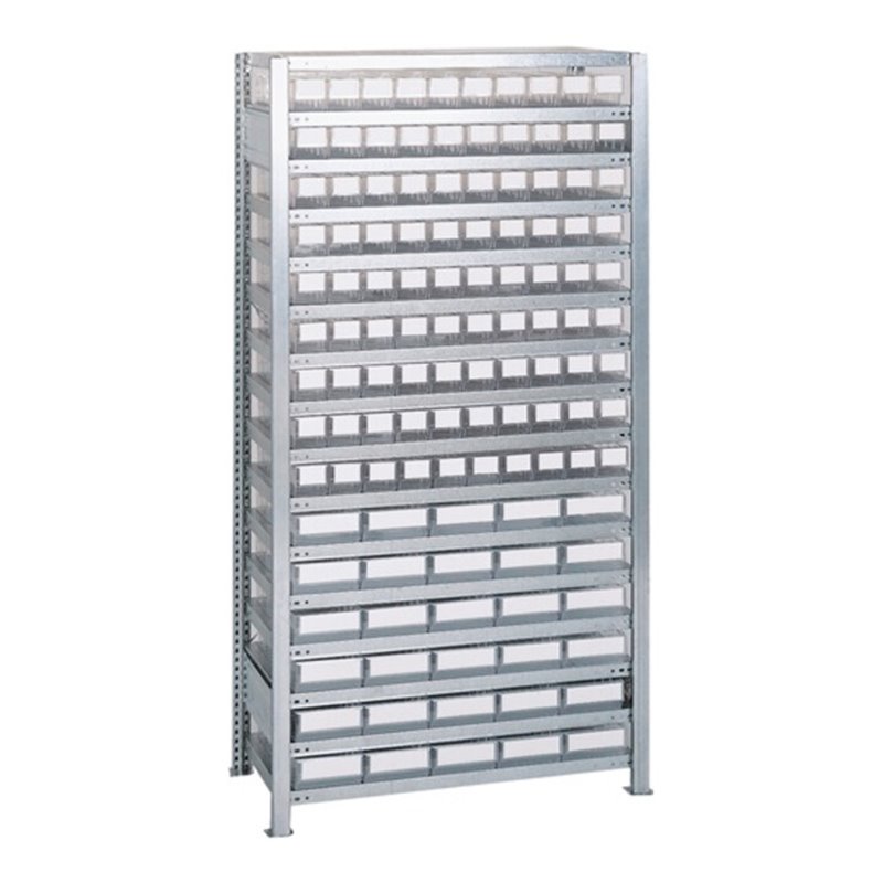 Steck-Grundregal H2000xB1000xT400mm 16 Böden Lagerboxen 90xGr.3 30xGr.4 transpa.