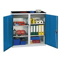 Werkzeug-/Beistellschrank H1000xB1000xT500mm 2 Schubl.,4 BD lichtgrau/signalblau