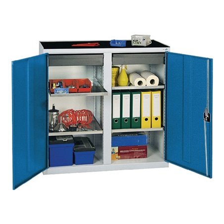 Werkzeug-/Beistellschrank H1000xB1000xT500mm 2 Schubl.,4 BD lichtgrau/signalblau