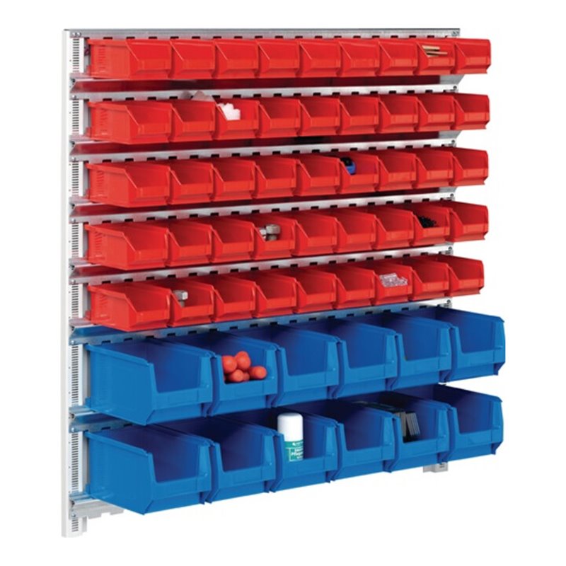Sichtlagerkastenset H1000xB1010mm m. 7 Schienen m.Kästen 45xMK5 rot 12xMK4 blau