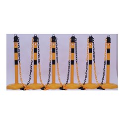 Sperrpfostenset PU gelb/schwarz m.Sechskantfuß D63xH1000mm 6 Pfosten u.5 Ketten