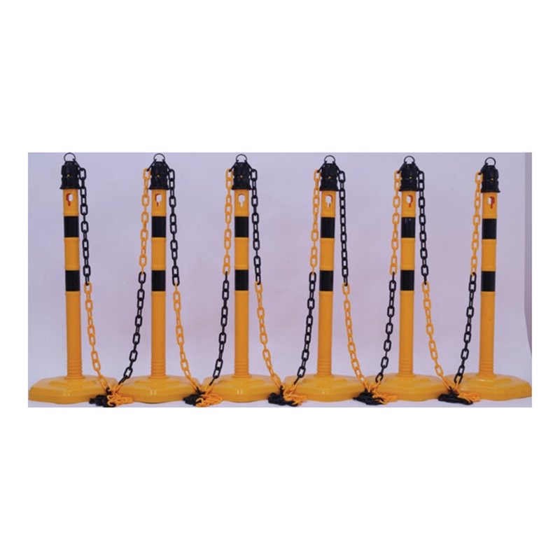 Sperrpfostenset PU gelb/schwarz m.Sechskantfuß D63xH1000mm 6 Pfosten u.5 Ketten