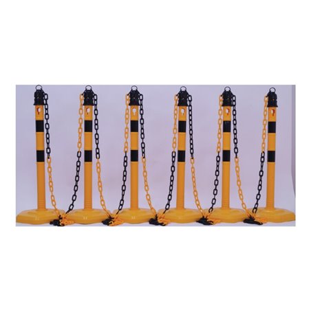 Sperrpfostenset PU gelb/schwarz m.Sechskantfuß D63xH1000mm 6 Pfosten u.5 Ketten