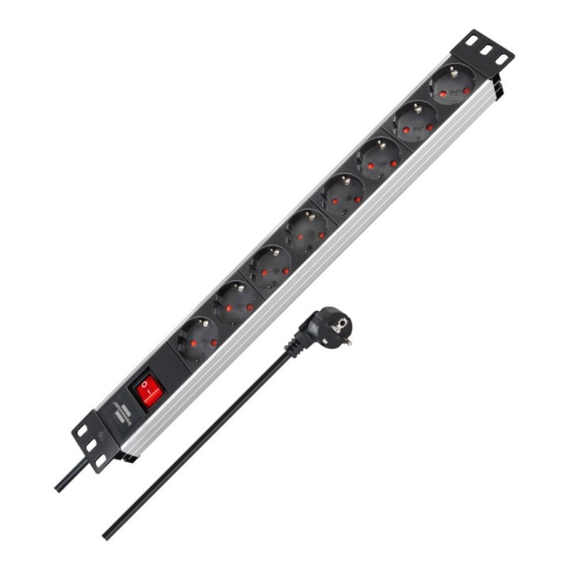 Alu-Line 19' Steckdosenleiste für Schaltschränke 8-fach schwarz/silber 2m H05VV-F 3G1,5 mit Schalter