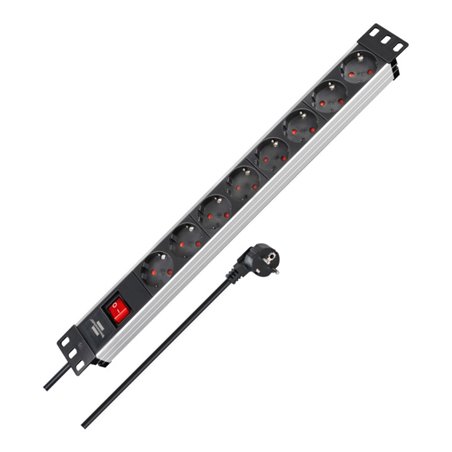 Alu-Line 19' Steckdosenleiste für Schaltschränke 8-fach schwarz/silber 2m H05VV-F 3G1,5 mit Schalter