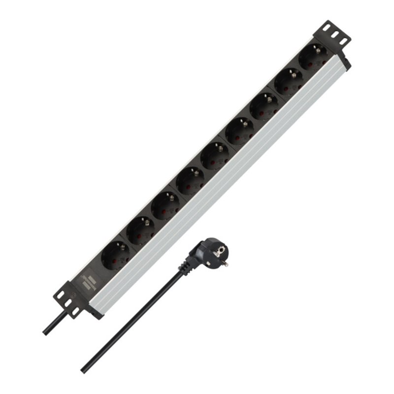 Alu-Line 19' Steckdosenleiste für Schaltschränke 9-fach schwarz/silber 2m H05VV-F 3G1,5 ohne Schalter