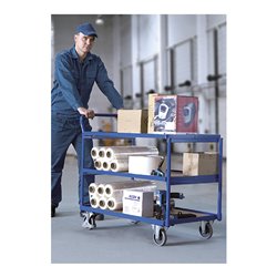 VARIOfit Tischwagen mit 3 Ladeflächen, Schiebegriff nach oben gerichtet