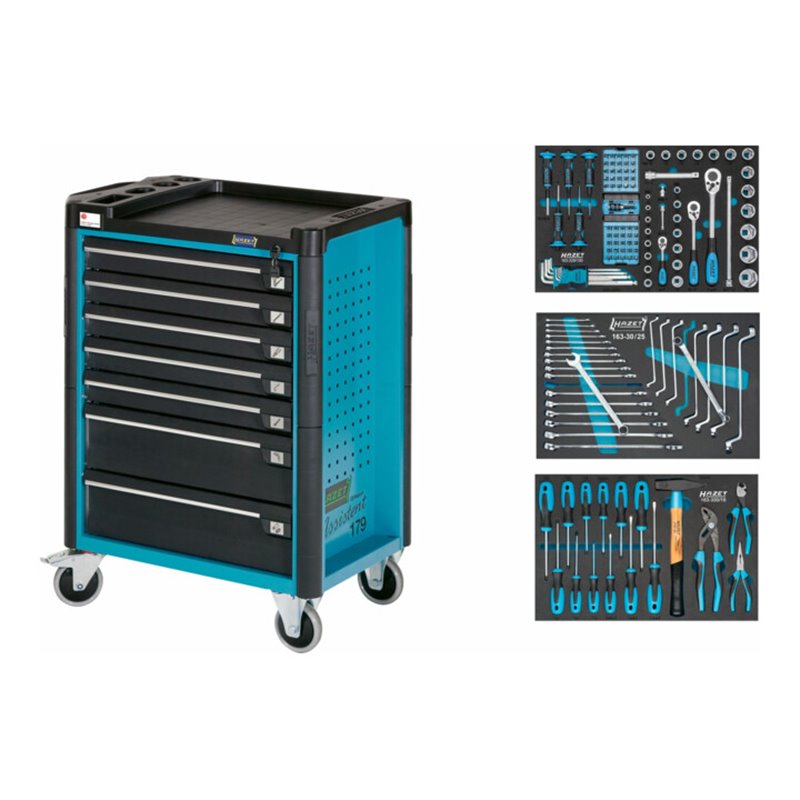 HAZET Werkstattwagen Assistent mit Sortiment 179-7/141 Schubladen flach: 5 x 80 x 527 x 398 mm Schubladen hoch: 2 x 165 x 527 x 