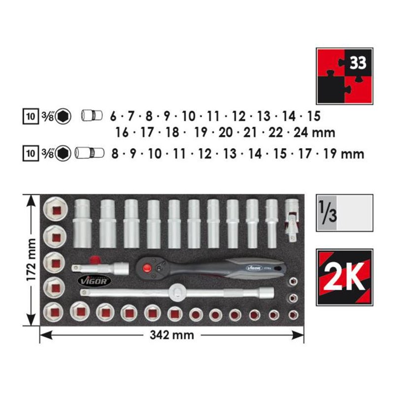 VIGOR 1/3 Weichschaumeinlage 3/8″-Satz  V2606 ∙ Vierkant hohl 12,5 mm (1/2 Zoll) ∙ Anzahl Werkzeuge: 33