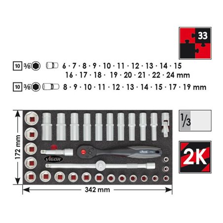 VIGOR 1/3 Weichschaumeinlage 3/8″-Satz  V2606 ∙ Vierkant hohl 12,5 mm (1/2 Zoll) ∙ Anzahl Werkzeuge: 33