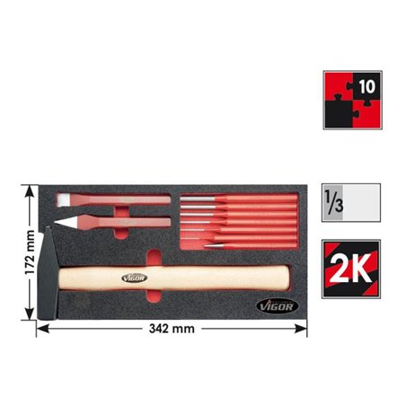 VIGOR Hammer-, Meißel- und Durchtreiber-Satz  V3383 ∙ Vierkant hohl 12,5 mm (1/2 Zoll) ∙ Anzahl Werkzeuge: 10