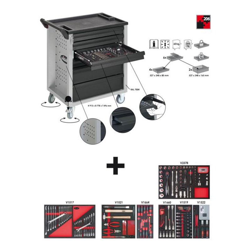 VIGOR Werkstattwagen mit Satz  V1620 ∙ Höhe x Breite x Tiefe: H 913 x B 778 x T 496 mm ∙ Anzahl Werkzeuge: 206