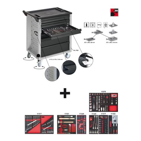 VIGOR Werkstattwagen mit Satz  V1620 ∙ Höhe x Breite x Tiefe: H 913 x B 778 x T 496 mm ∙ Anzahl Werkzeuge: 206